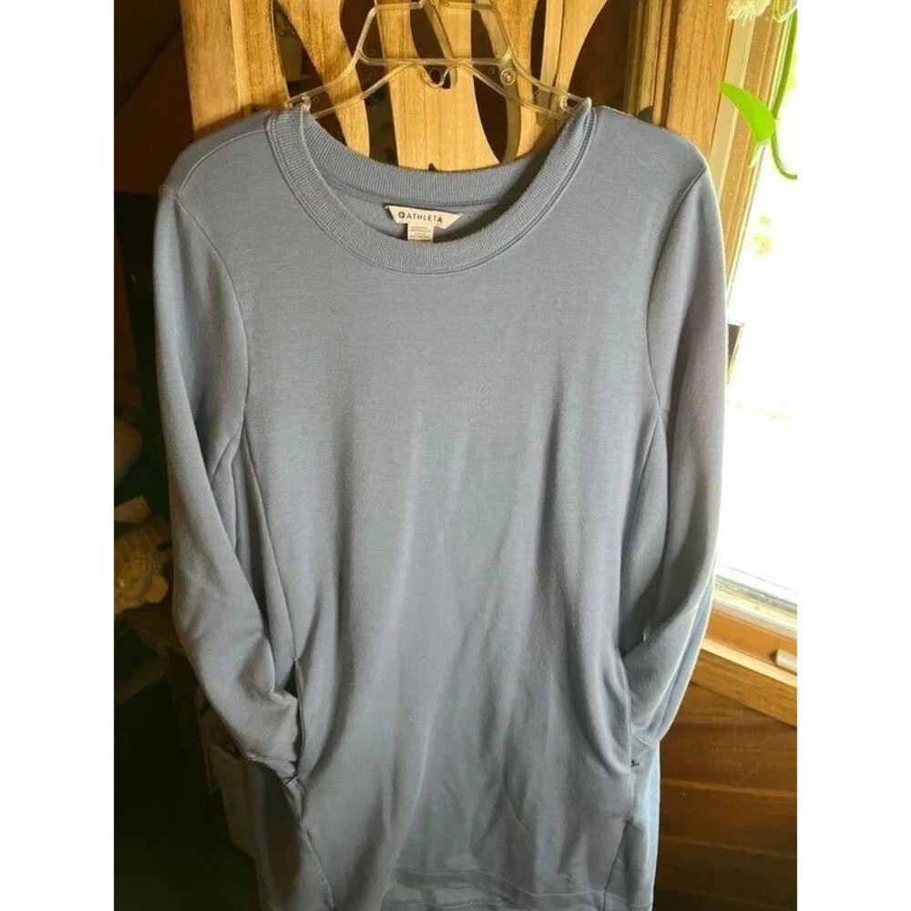 ATHLETA Coaster Luxe Sweatshirt Dress XL Dusty Blue Pockets Stretchy Soft